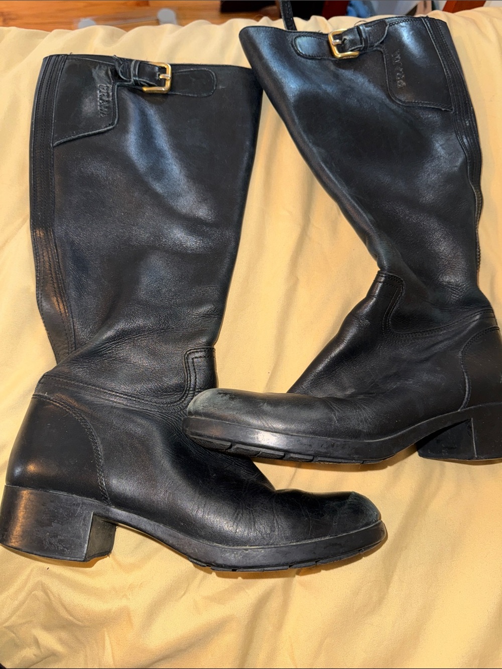 Prada Black Leather Riding Boots with Buckle Detail